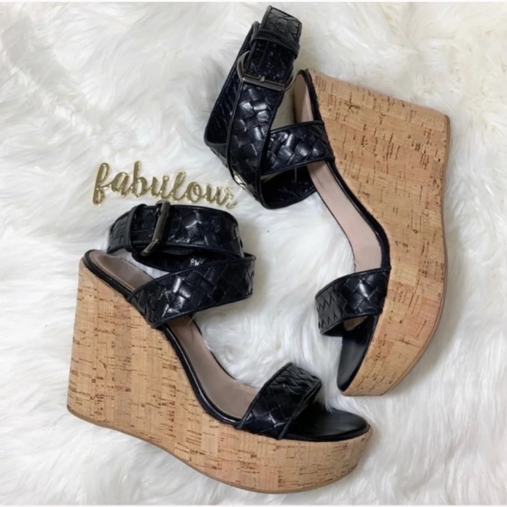 Stuart Weitzman Black Double Ankle Strap Cork Leather Wedges